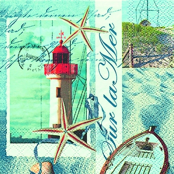 20 Servietten - 25 x 25 cm Sur la Mer,  Sonstiges - Schriften,  Regionen - Strand / Meer - Muscheln,  Regionen - Strand / Meer - Leuchttürme,  Sommer,  cocktail servietten