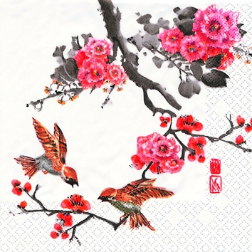 20 Servietten - 25 x 25 cm Painted Asia,  Tiere - Vögel,  Blumen,  Frühjahr,  cocktail servietten
