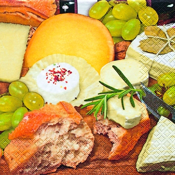20 Servietten - 25 x 25 cm Cheese Celebration,  Essen - Brot / Brötchen,  Früchte - Weintrauben,  Essen - Käse,  Everyday,  cocktail servietten