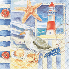 20 Servietten - 33 x 33 cm ,  Regionen - Strand / Meer - Muscheln,  Tiere - Vögel,  Regionen - Strand / Meer - Leuchttürme,  Sommer,  lunchservietten,  Möwen