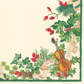 20 Servietten - 25 x 25 cm Christmas Music,  Sonstiges - Musik,  Pflanzen - Ilex,  Früchte - Zapfen,  Weihnachten,  cocktail servietten,  Hagebutten,  Geige