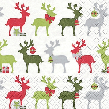 20 Servietten - 25 x 25 cm Reindeer rot/grün,  Tiere - Reh / Hirsch,  Weihnachten,  cocktail servietten