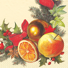 20 Servietten - 33 x 33 cm Weihnachtskranz creme,  Weihnachten - Baumschmuck,  Früchte - Südfrüchte,  Früchte - Äpfel,  Weihnachten,  lunchservietten