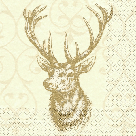 20 Servietten - 33 x 33 cm Hirsch creme/gold,  Tiere - Reh / Hirsch,  Everyday,  lunchservietten,  Geweih