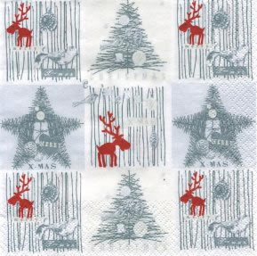 20 Servietten - 33 x 33 cm Elks in Squares,  Weihnachten - Weihnachtsbaum,  Tiere - Reh / Hirsch,  Weihnachten,  lunchservietten