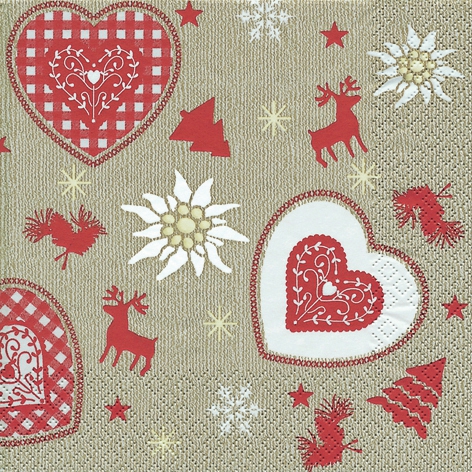 20 Servietten - 33 x 33 cm Flair of the Alps,  Tiere - Reh / Hirsch,  Blumen -  Sonstige,  Weihnachten,  lunchservietten,  Edelweiß,  Herzen