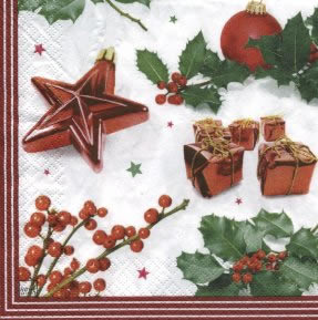 20 Servietten - 33 x 33 cm Presents with Ilex,  Pflanzen - Ilex,  Weihnachten - Baumschmuck,  Weihnachten,  lunchservietten