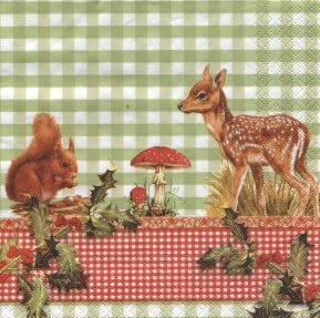 20 Servietten - 33 x 33 cm Alvin and Bambi,  Tiere - Reh / Hirsch,  Tiere - Eichhörnchen,  Weihnachten,  lunchservietten,  Fliegenpilze
