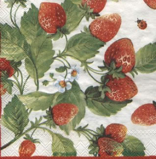 20 Servietten - 25 x 25 cm FRESH STRAWBERRIES white pearl          ,  cocktail servietten