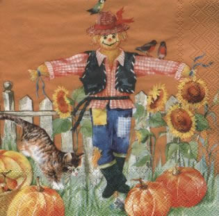 20 Servietten - 25 x 25 cm SCARECROW terracotta                    ,  Früchte - Kürbisse,  Tiere - Katzen,  Blumen - Sonnenblumen,  Herbst,  cocktail servietten,  Vogelscheuche