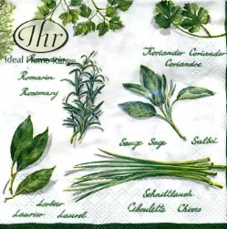 20 napkins - 25 x 25 cm BASIL AND SAGE white                    , Summers,  Plants,  Meals,  Plants - kitchen-herbs,  Spring,  cocktail napkins,  Garden herbs,  chives,  sage,  rosemary,  laurel