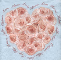 20 Servietten - 33 x 33 cm HEART OF ROSES blue                     ,  Sonstiges - Schriften,  Ereignisse - Liebe,  Blumen - Rosen,  Everyday,  lunchservietten