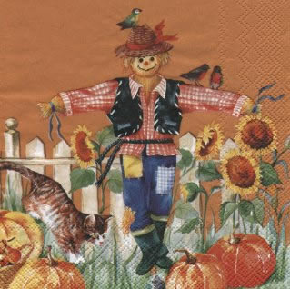 20 Servietten - 33 x 33 cm SCARECROW terracotta                    ,  Tiere - Katzen,  Früchte - Kürbisse,  Blumen - Sonnenblumen,  Herbst,  lunchservietten,  Vogelscheuche