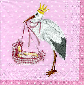 20 Servietten - 33 x 33 cm BABY AIRWAYS rose                       , Sonstiges - Muster,  Menschen - Babys,  Tiere - Vögel,  Ereignisse - Geburt,  Everyday,  lunchservietten,  Mädchen,  Girl,  Storch,  Babykörbchen,  rosa Hintergrund mit weißen Punkten