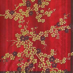 20 Servietten - 33 x 33 cm HANAMI red                              , Sonstiges -  Sonstiges,  Blumen,  Blumen -  Sonstige,  Regionen - Asien,  Everyday,  lunchservietten,  schwazr-goldene Blumenzweige,  roter Hintergrund