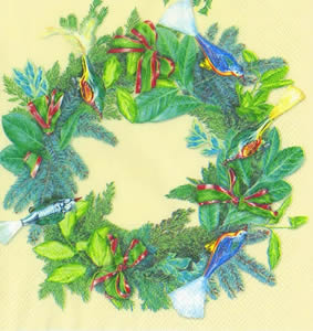 20 Servietten - 33 x 33 cm ,  Weihnachten - Adventskranz,  Pflanzen -  Sonstige,  Tiere - Vögel,  Everyday,  lunchservietten,  Kranz mit Vögeln und Schleifen,  crem Hintergrund