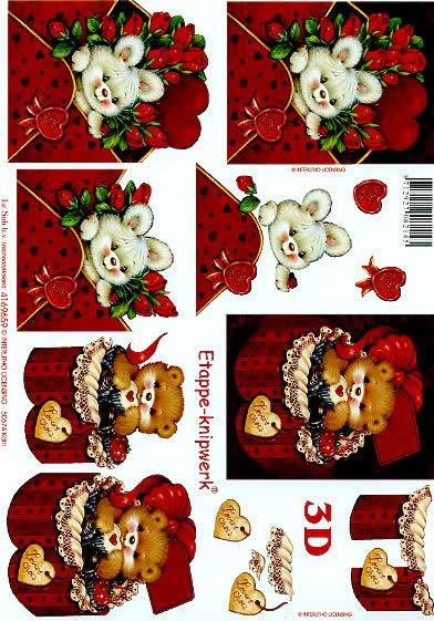 3D Bogen Valentinskarte 3 - Format A4, Ereignisse - Liebe,  Blumen -  Sonstige,  Tiere -  Sonstige,  Le Suh,  3D Bogen,  Valentine 3,  Hase im Briefumschlag,  Bärchen in Geschenkbox,  Rosen
