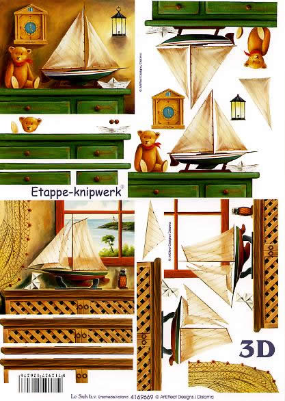 3D Bogen Schiffe auf Schrank - Format A4,  Regionen - Strand / Meer - Schiffe,  Sonstiges -  Sonstiges,  Le Suh,  3D Bogen,  Schiffe auf Schrank,  Wanduhr,  Bär auf Kommode,  Laterne