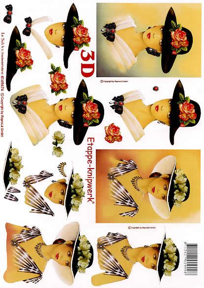 3D Bogen Dame - mit - Hütte + Rosen - Format A4, Blumen - Rosen,  Blumen -  Sonstige,  Menschen - Personen,  Le Suh,  3D Bogen,  Dame mit Hut + Rosen,  Romantik