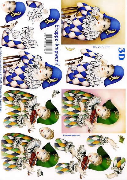 3D Bogen Pierrots blau+grün - Format A4, Sonstiges - Musik,  Menschen - Personen,  Karneval,  Le Suh,  3D Bogen,  Pierrots blau+grün