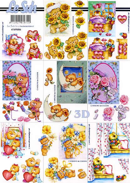 3D Bogen kleine Blumen - Bären - Format A4, Ereignisse - Geburtstag,  Ereignisse - Liebe,  Tiere - Bären,  Le Suh,  3D Bogen,  kleine Blumen-Bären,  Blumenstaruß,  Herzen,  Bär auf Mond