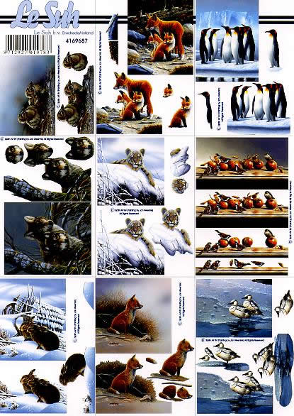 3D Bogen kleine Tiere - Format A4, Tiere -  Sonstige,  Regionen - Wald / Wiesen,  Winter - Schnee,  Le Suh,  3D Bogen,  kleine Tiere,  Fuchs,  Hasen,  Enten,  Wolf,  Tiger,  Pinguine
