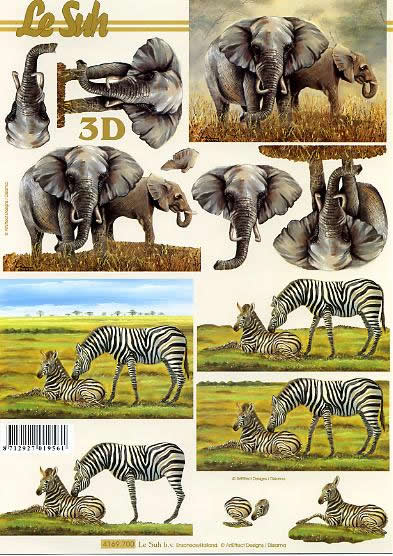 3D Bogen Elefant - Format A4, Tiere - Zebras,  Tiere - Elefanten,  Regionen - Afrika,  Le Suh,  3D Bogen,  Elefanten in der Wüste,  Zebra mit Tierbaby auf der Wiese