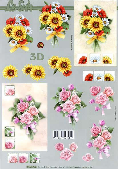 3D Bogen Blumenstrauß - Format A4, Blumen - Magariten,  Blumen - Rosen,  Blumen - Sonnenblumen,  Le Suh,  3D Bogen,  Blumenstrauß