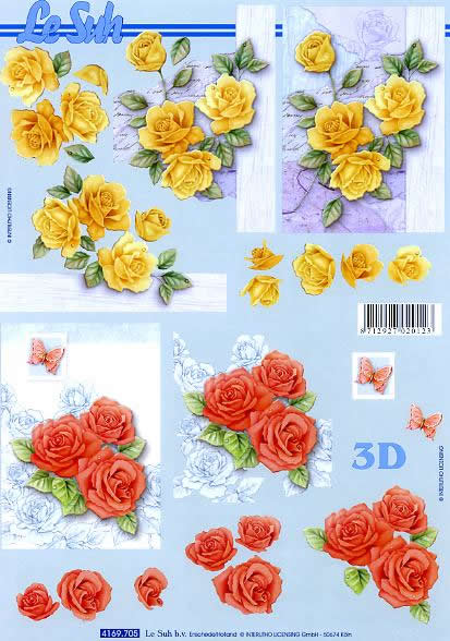 3D Bogen Rosen - Format A4,  Blumen -  Sonstige,  Blumen - Rosen,  Le Suh,  Sommer,  3D Bogen,  Gelbe und Rote Rosen mit weißem Rosen Muster,  Schmetterlinge