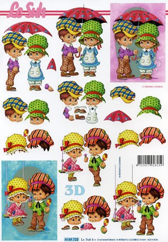 3D Bogen Kindere mit Hut - Format A4,  Menschen - Kinder,  Ereignisse -  Sonstige,  Le Suh,  3D Bogen,  Kinder mit Hut und Regenschirm auf der Schaukel