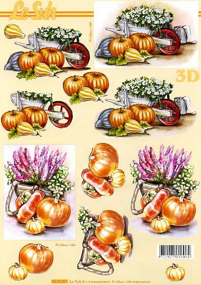3D Bogen Kürbisse - Format A4, Sonstiges -  Sonstiges,  Le Suh,  Früchte - Kürbisse,  Le Suh,  Herbst,  3D Bogen,  Schubkarre mit Blumen