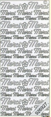 1 Stickers - 10 x 23 cm franz. - Merci - silber, Schriften - französisch,  Farbe - silber,  Art - Stickers normal