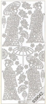 1 Stickers - 10 x 23 cm  - gold,  Farbe - gold,  Art - Stickers normal,  Jahreszeit - Everyday,  Japanerin im Kimono,  Fächer