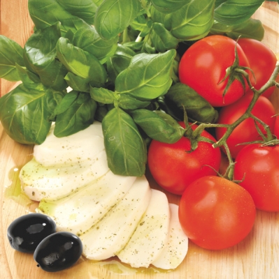 20 Servietten - 33 x 33 cm ,  Gemüse - Tomaten,  Essen - Käse,  Früchte - Oliven,  Sommer,  lunchservietten,  Basilikum