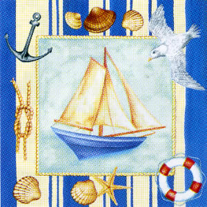 20 Servietten - 33 x 33 cm SEA BOAT,  Regionen - Strand / Meer - Schiffe,  Tiere - Vögel,  Regionen - Strand / Meer - Muscheln,  Sommer,  lunchservietten,  Seesterne,  Möwen
