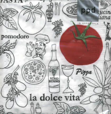 20 Servietten - 33 x 33 cm , Sonstiges - Schriften,  Regionen - Länder - Italien,  Gemüse - Tomaten,  Essen -  Sonstiges,  Sommer,  lunchservietten