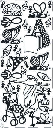 1 Stickers - 10 x 23 cm  - silber, Art - Stickers normal,  Farbe - silber,  Babybett,  Kinderwagen,  Marienkäfer,  Storch,  Nuckel,  Rassel