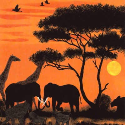 20 Servietten - 33 x 33 cm Okawango Park, Tiere - Vögel,  Tiere - Elefanten,  Tiere - Giraffen,  Regionen - Afrika,  Sommer,  lunchservietten,  Paviane