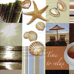 20 Servietten - 33 x 33 cm Time to Relax,  Tiere -  Sonstige,  Regionen - Strand / Meer - Muscheln,  Sommer,  lunchservietten,  Seesterne