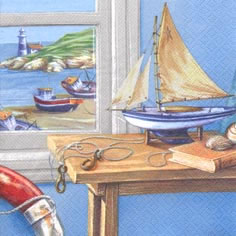 20 Servietten - 33 x 33 cm Ship to Shore, Regionen - Strand / Meer - Muscheln,  Regionen - Strand / Meer - Schiffe,  Regionen - Strand / Meer - Leuchttürme,  Regionen - Strand / Meer,  Sommer,  lunchservietten