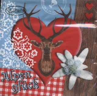 20 Servietten - 33 x 33 cm Alpenglück-Alpen Happiness,  Blumen -  Sonstige,  Tiere - Reh / Hirsch,  Regionen -  Sonstige,  Everyday,  lunchservietten,  Edelweiß,  Herzen