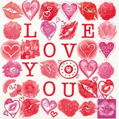 20 Servietten - 33 x 33 cm Love & Kisses,  Sonstiges - Schriften,  Ereignisse - Liebe,  Everyday,  lunchservietten,  Herzen
