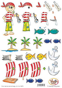 3D Bogen 3D-Pirat,  Tiere - Fische,  Menschen - Kinder,  3D Bogen,  Flaschenpost,  Insel,  Anker,  Insel,  Floß