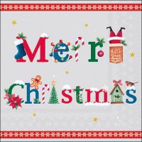 Serviettes 33x33 cm - Merry message grey