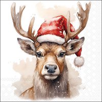 Servilletas 33x33 cm - Deer with Santa hat white