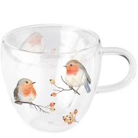 Porzellan-Tasse - Double Walled Glass Cup Robin Family
