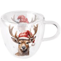 Double wall glass - Deer with Santa hat white