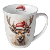 Porcelain mug 0.4 L -  Deer with Santa hat white