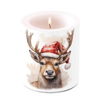 Decorative candle medium - Deer with Santa hat white