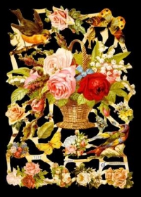 Images brillantes avec du mica argenté - Blumenkorb von Blumen und Vögeln
